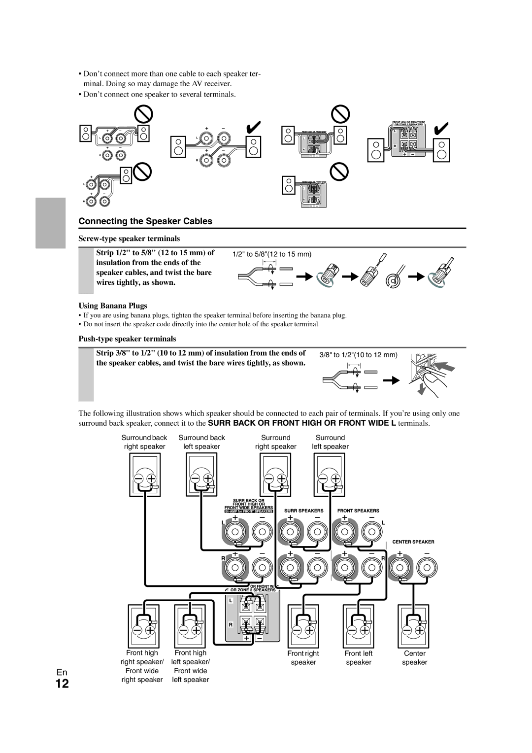 Onkyo HT-RC260 instruction manual Connecting the Speaker Cables, Screw-type speaker terminals Strip 1/2 to 5/8 12 to 15 mm 