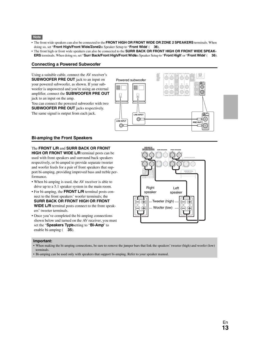 Onkyo HT-RC260 instruction manual Connecting a Powered Subwoofer, Bi-amping the Front Speakers 