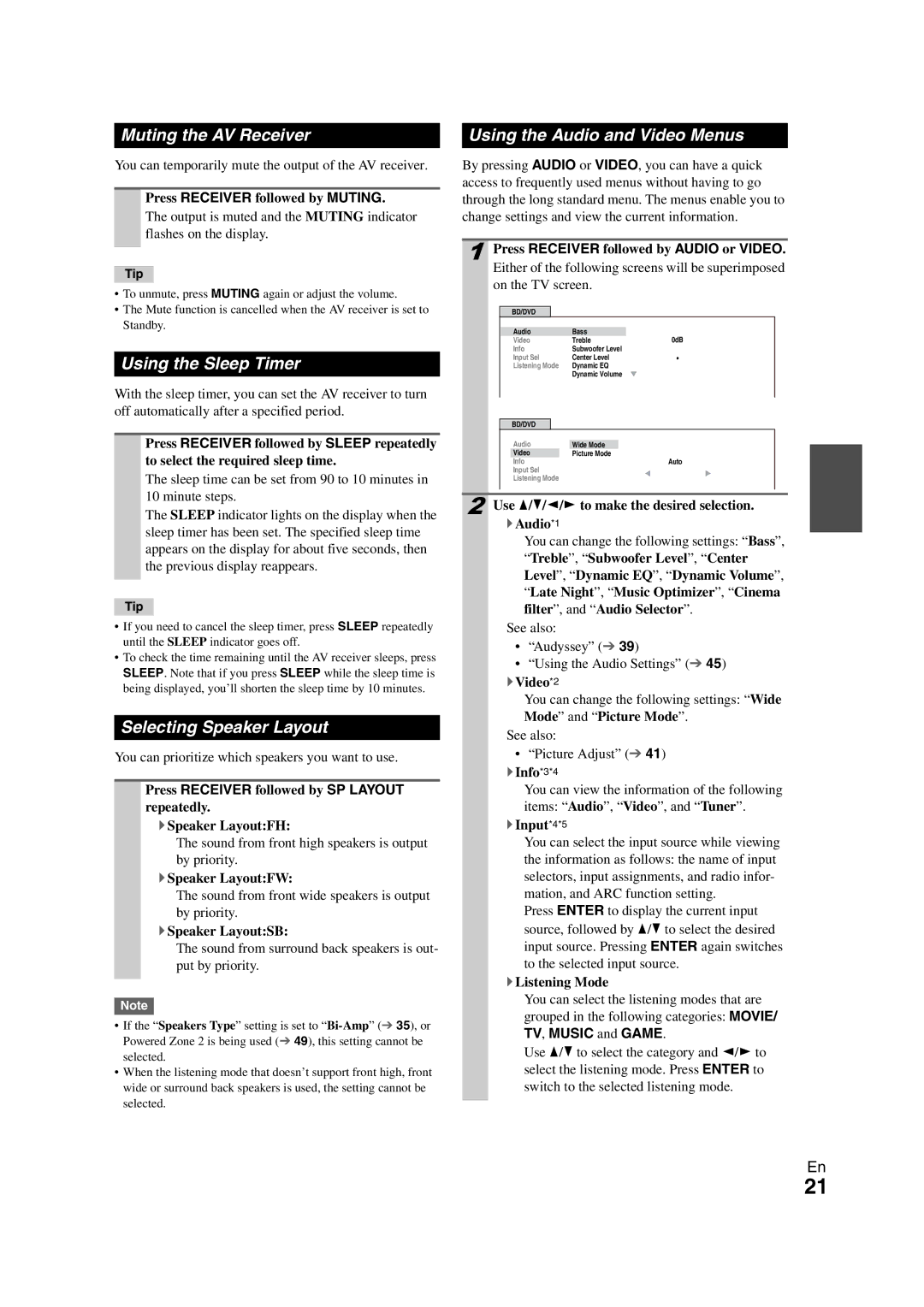 Onkyo HT-RC260 Muting the AV Receiver, Using the Sleep Timer, Selecting Speaker Layout, Using the Audio and Video Menus 