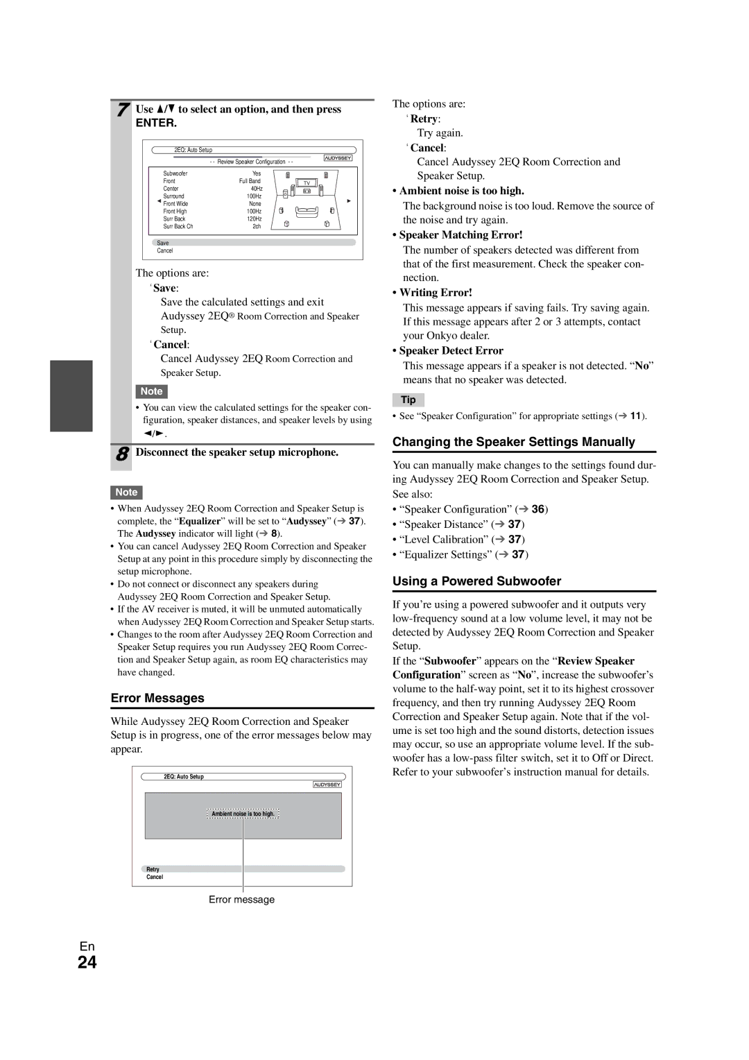 Onkyo HT-RC260 instruction manual Error Messages, Changing the Speaker Settings Manually, Using a Powered Subwoofer 