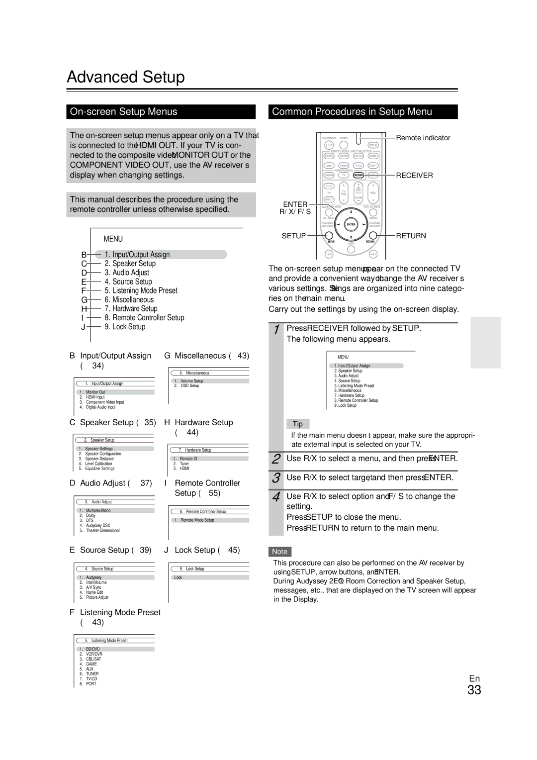 Onkyo HT-RC260 instruction manual Advanced Setup, On-screen Setup Menus, Common Procedures in Setup Menu 