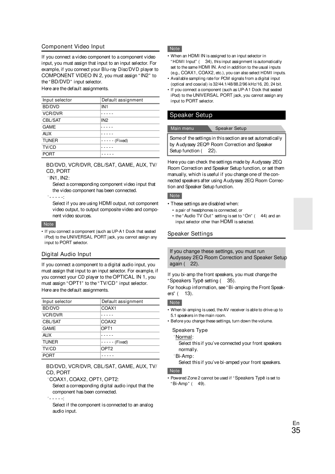 Onkyo HT-RC260 instruction manual Speaker Setup, Component Video Input, Digital Audio Input, Speaker Settings 