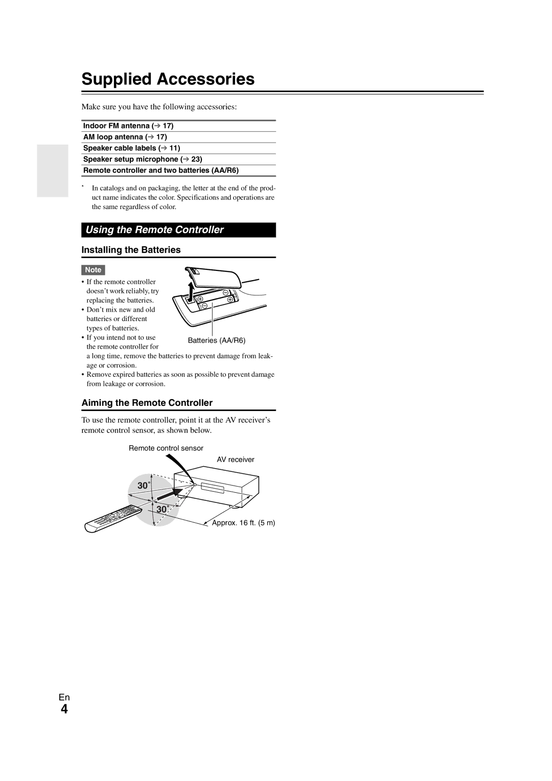 Onkyo HT-RC260 Supplied Accessories, Using the Remote Controller, Installing the Batteries, Aiming the Remote Controller 