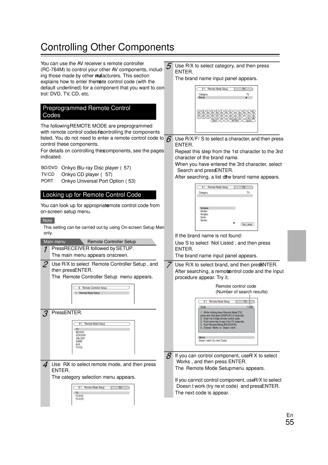 Onkyo HT-RC260 Controlling Other Components, Preprogrammed Remote Control Codes, Looking up for Remote Control Code 