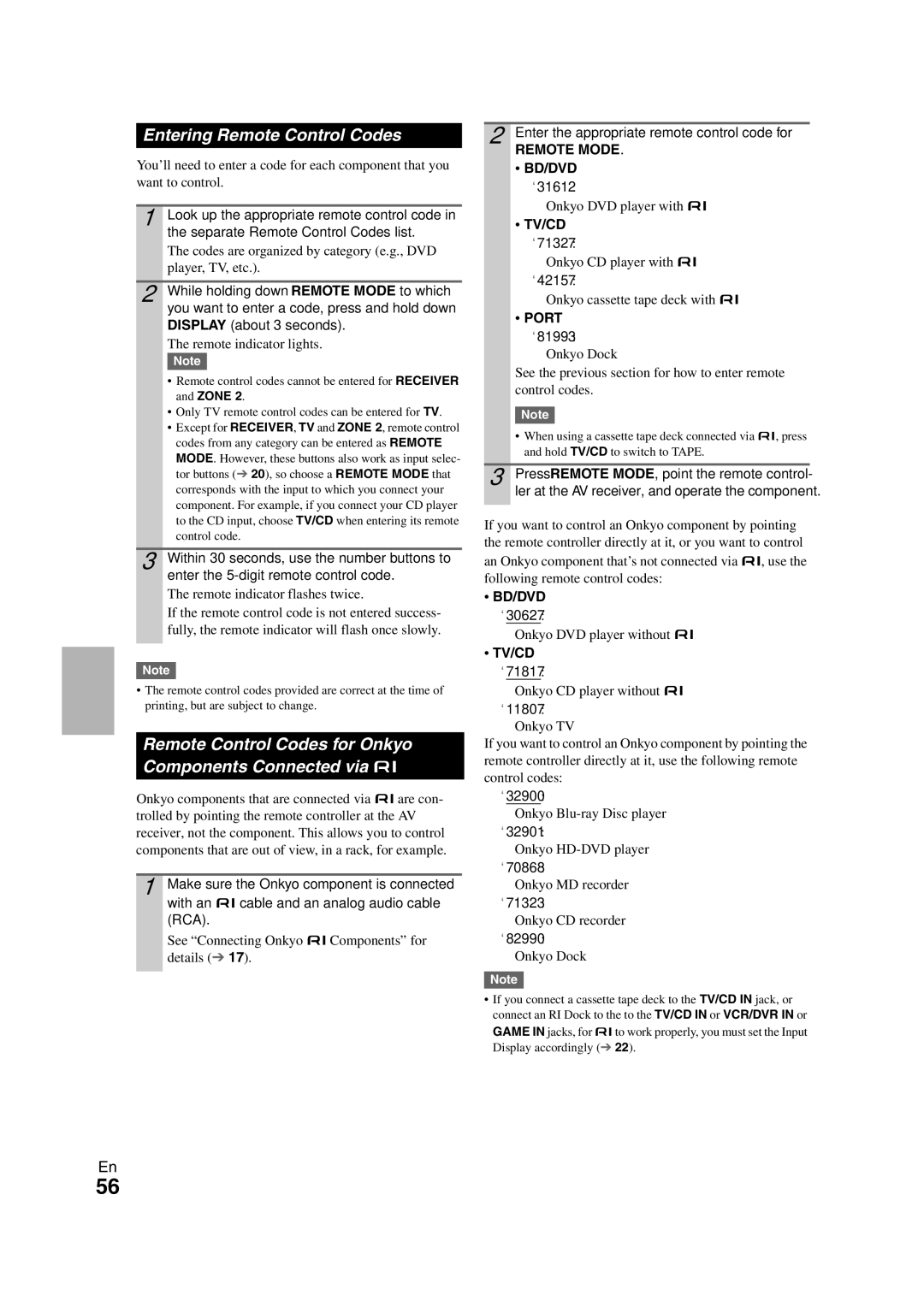 Onkyo HT-RC260 Entering Remote Control Codes, Remote Control Codes for Onkyo Components Connected via u, Tv/Cd 