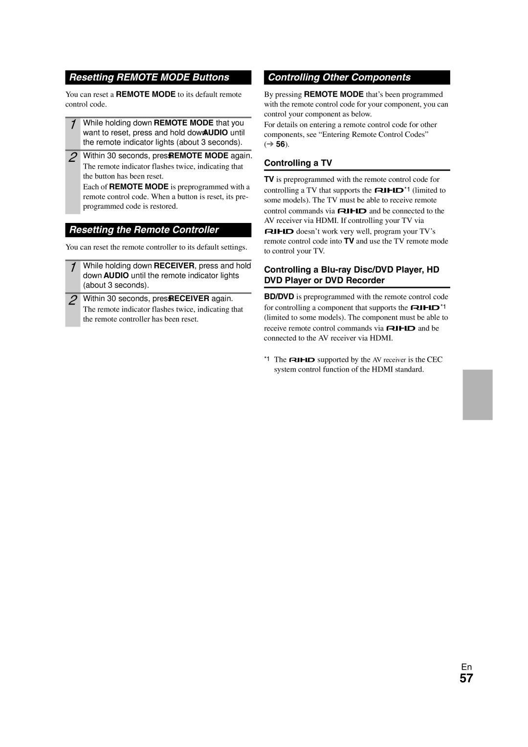 Onkyo HT-RC260 Resetting Remote Mode Buttons, Resetting the Remote Controller, Controlling Other Components 