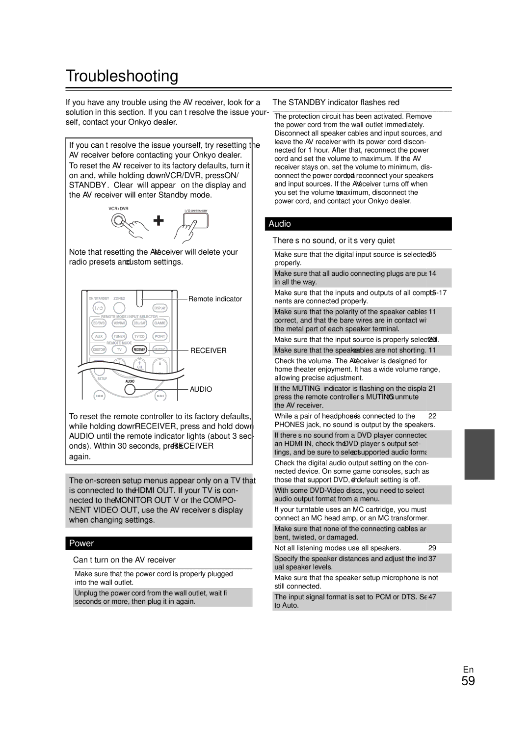 Onkyo HT-RC260 instruction manual Troubleshooting, Can’t turn on the AV receiver, Standby indicator flashes red 