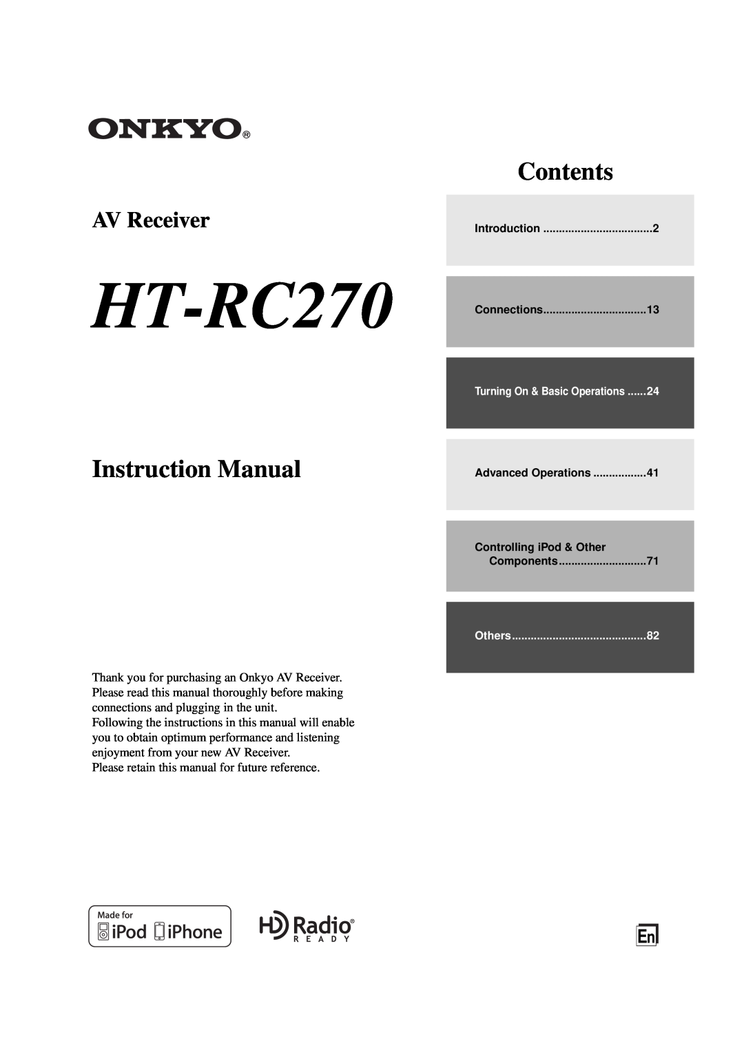 Onkyo HT-RC270 instruction manual Instruction Manual, Contents, AV Receiver 