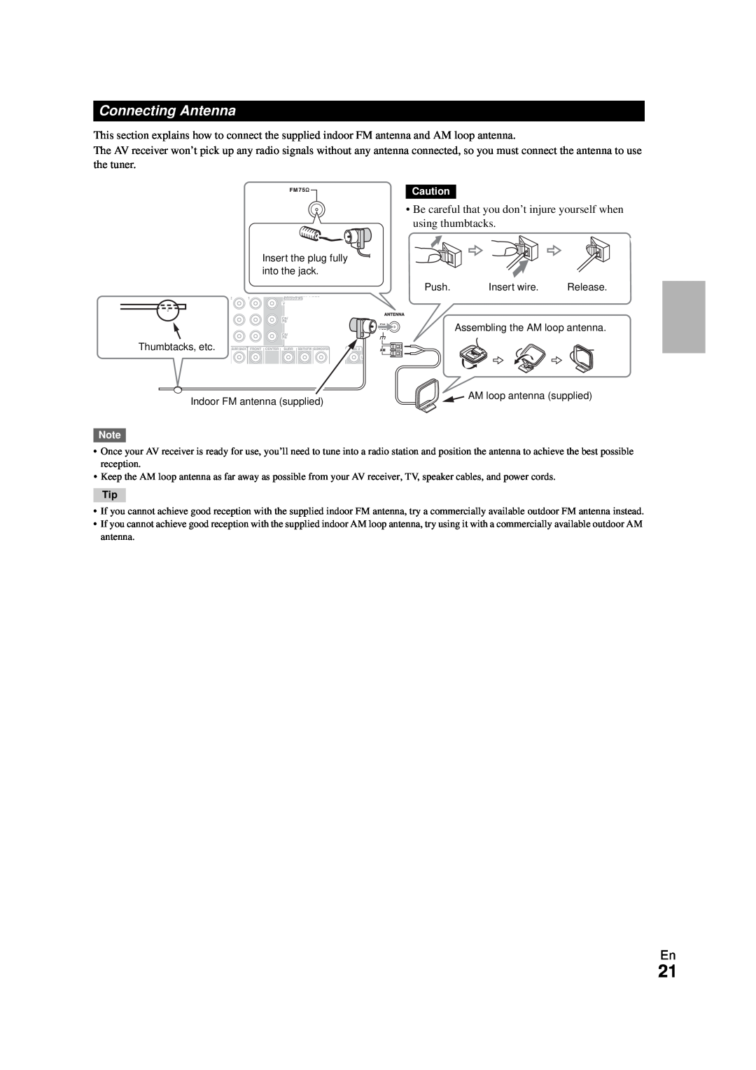Onkyo HT-RC270 instruction manual Connecting Antenna, Insert the plug fully into the jack, Push, Insert wire, Release 