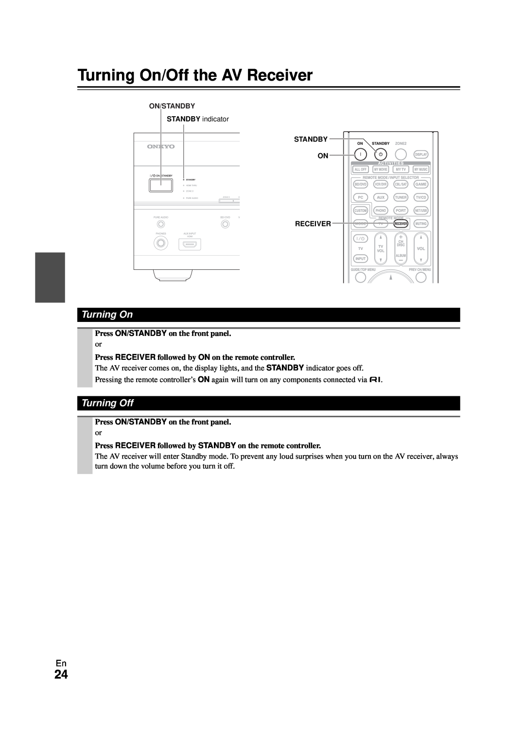 Onkyo HT-RC270 instruction manual Turning On/Off the AV Receiver, Turning Off 