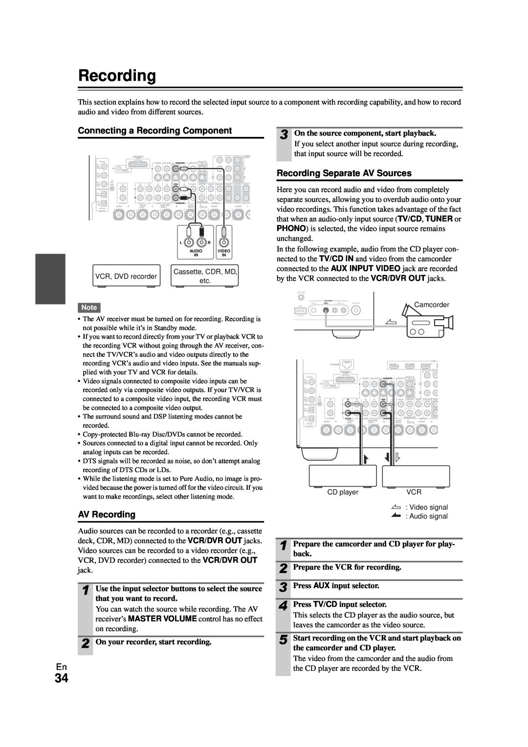 Onkyo HT-RC270 instruction manual Connecting a Recording Component, Recording Separate AV Sources, AV Recording 