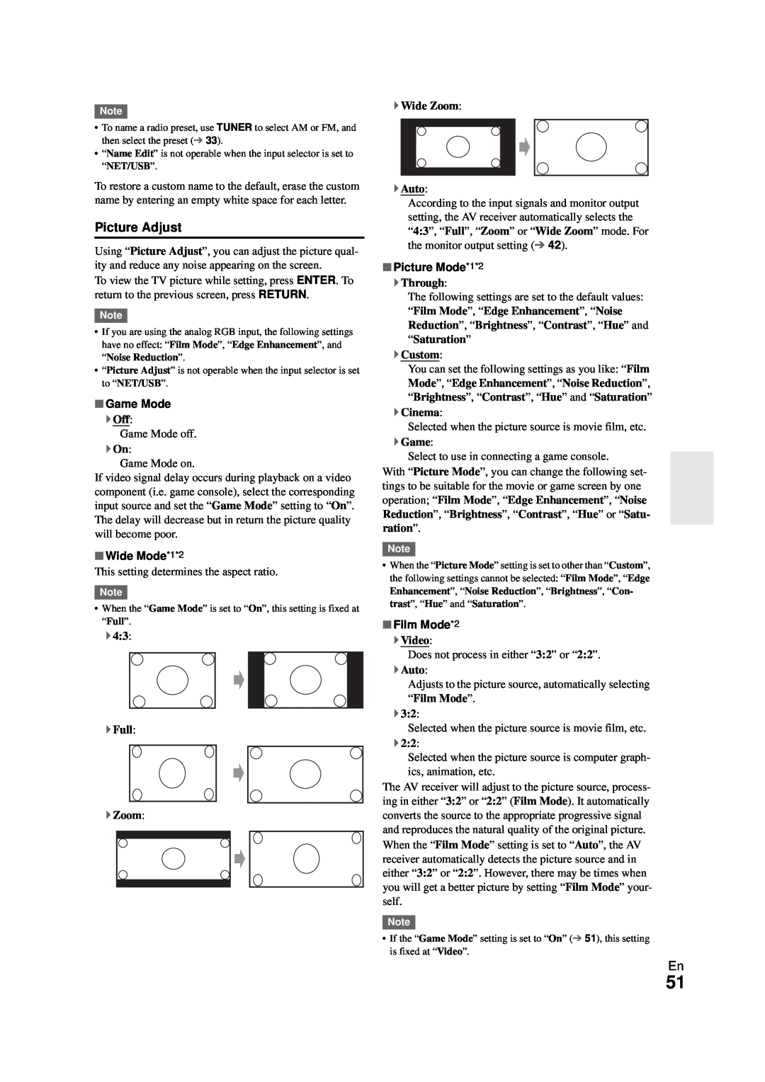 Onkyo HT-RC270 instruction manual Picture Adjust, Game Mode, Wide Mode*1*2, Picture Mode*1*2, Film Mode*2 