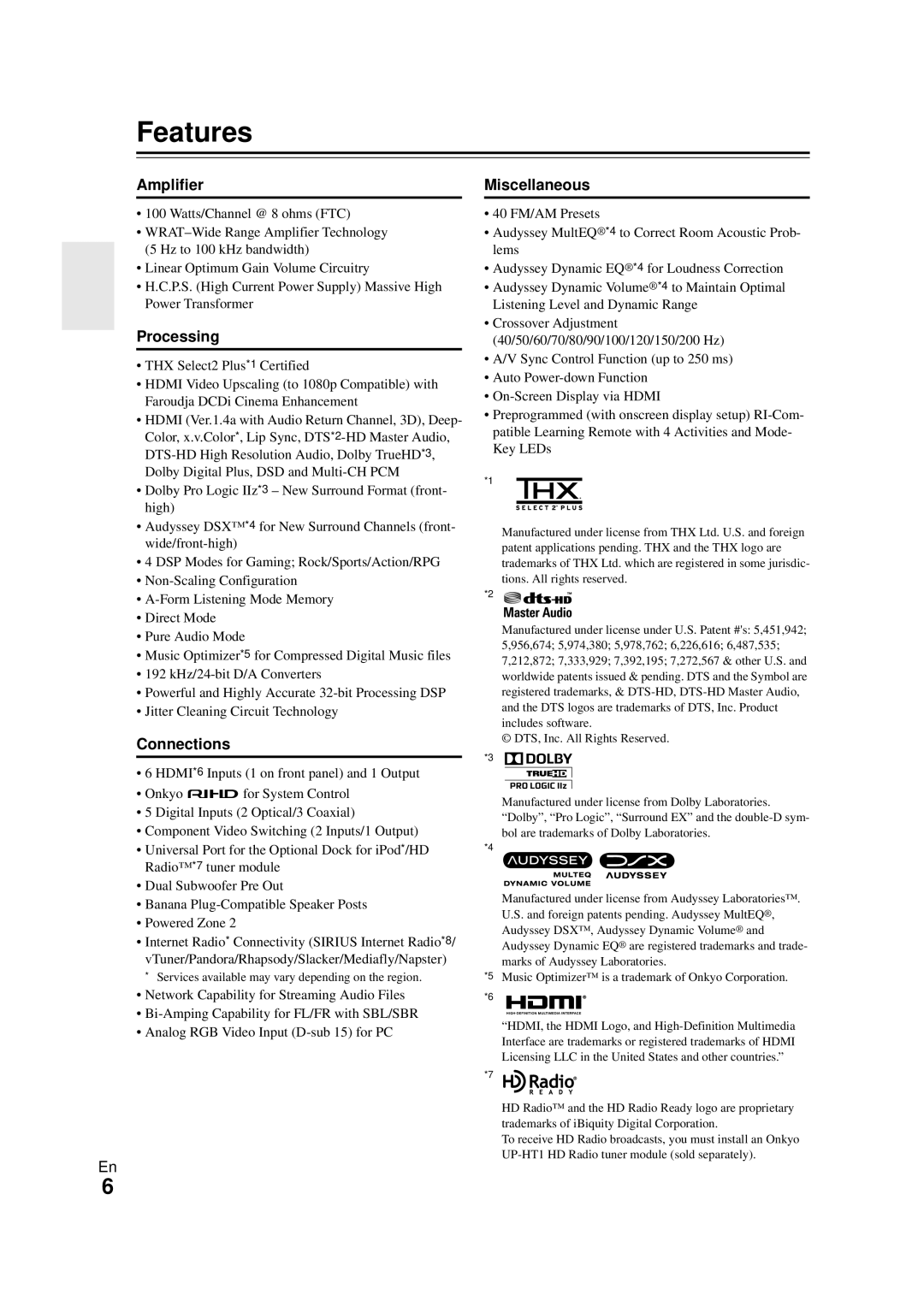 Onkyo HT-RC270 instruction manual Features, Amplifier, Processing, Miscellaneous, Connections 