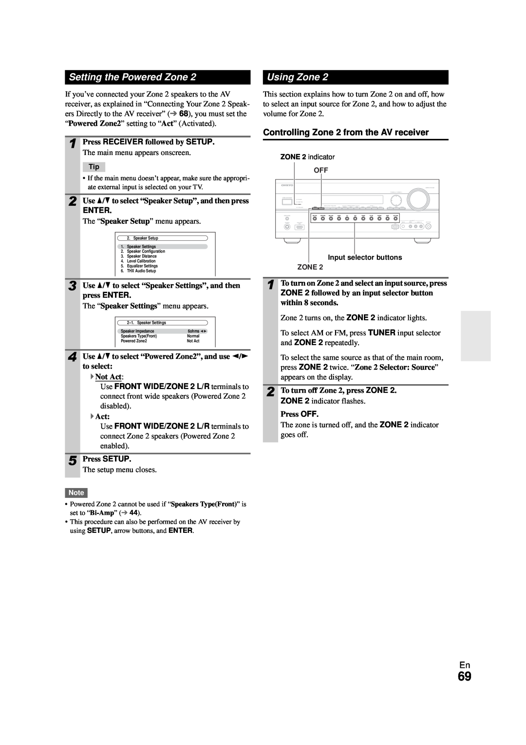 Onkyo HT-RC270 instruction manual Setting the Powered Zone, Using Zone, Controlling Zone 2 from the AV receiver, Enter 