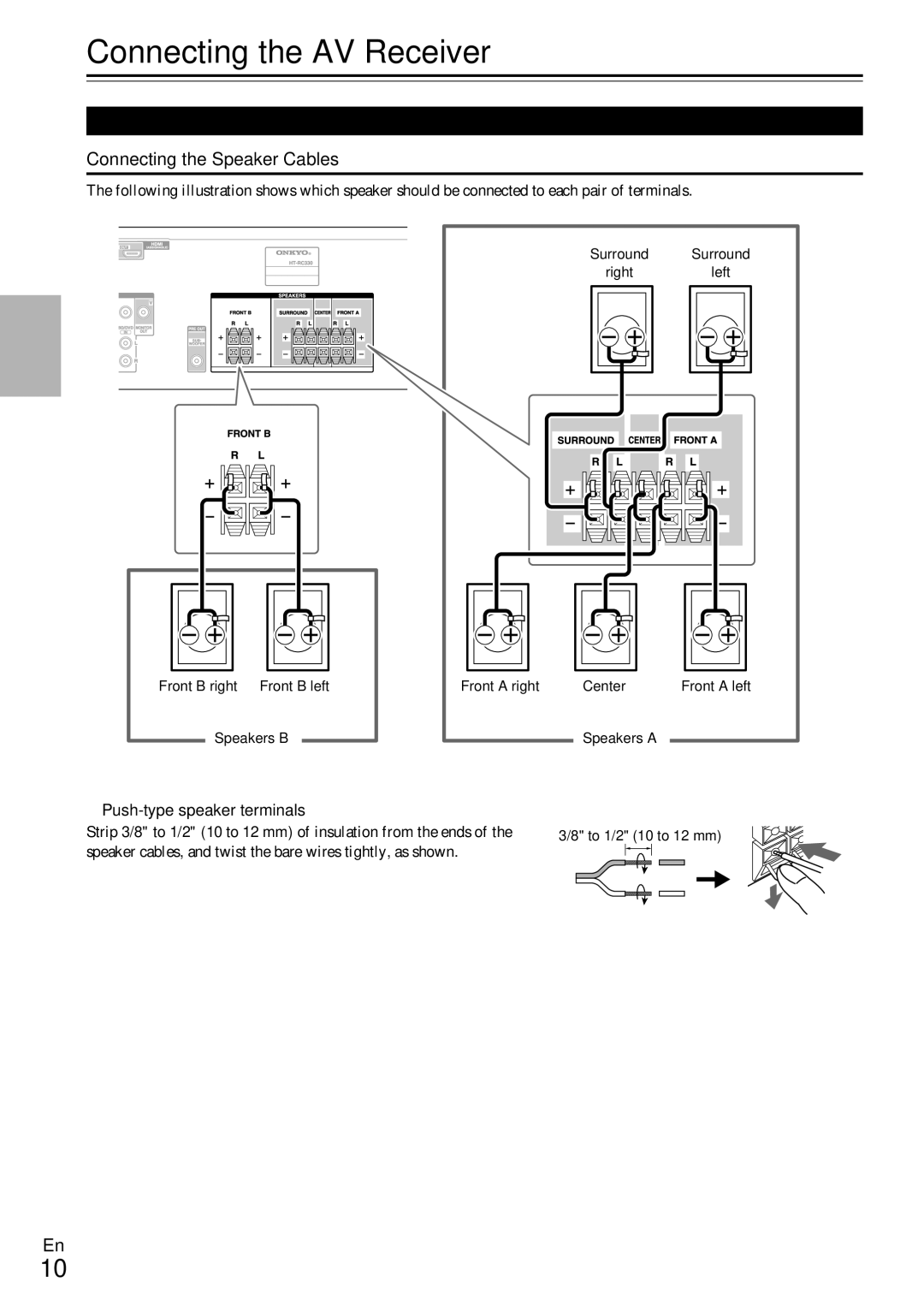 Onkyo HT-RC330 instruction manual Connecting the AV Receiver, Connecting Your Speakers, Connecting the Speaker Cables 