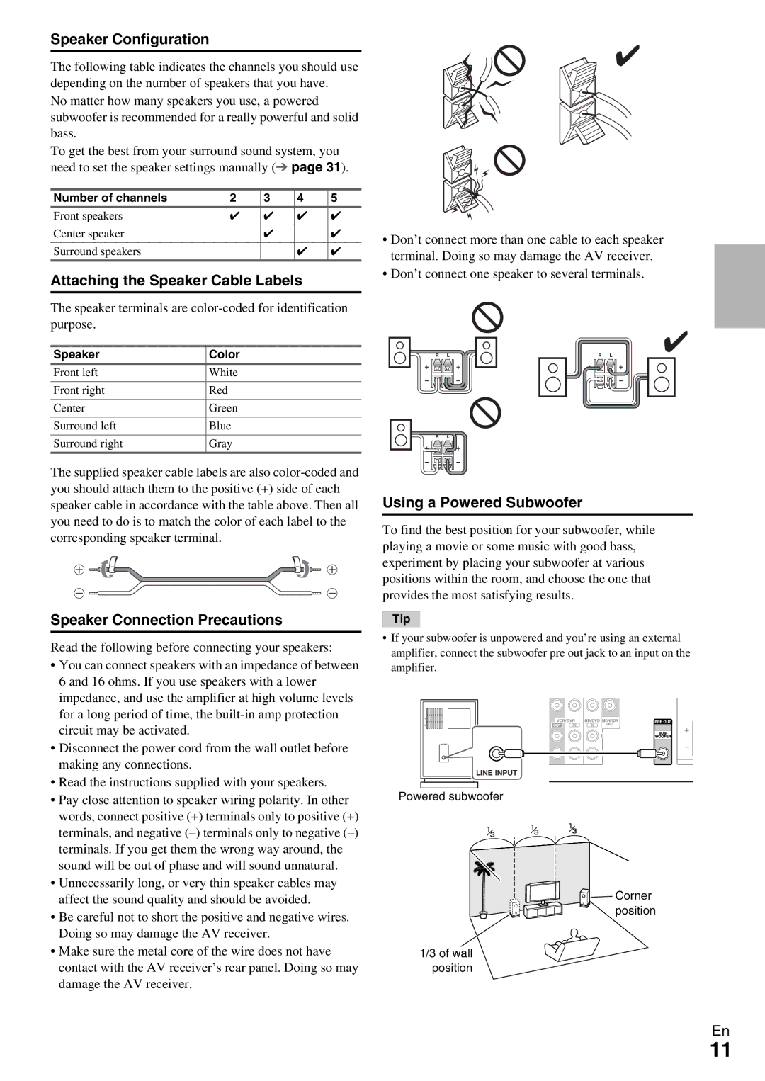 Onkyo HT-RC330 instruction manual Speaker Configuration, Attaching the Speaker Cable Labels, Speaker Connection Precautions 