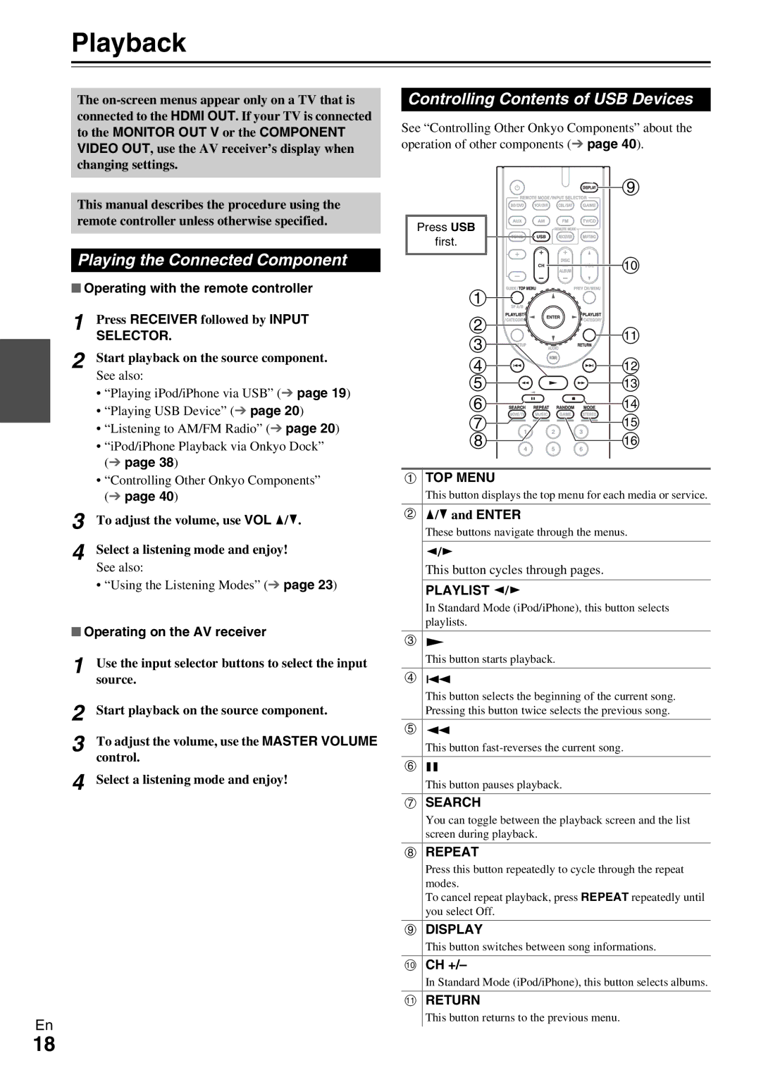 Onkyo HT-RC330 instruction manual Playback, Playing the Connected Component, Controlling Contents of USB Devices 