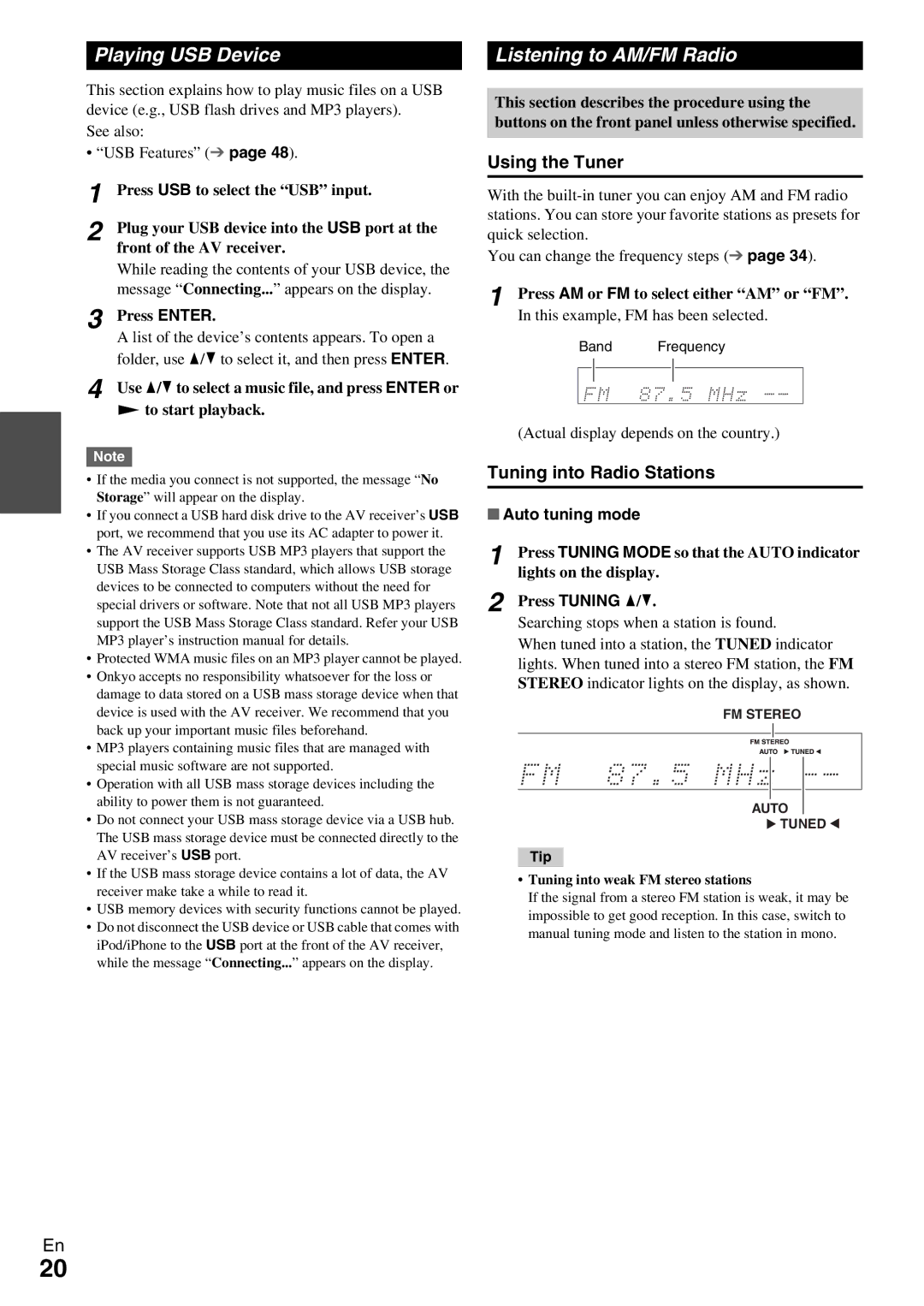 Onkyo HT-RC330 Playing USB Device, Listening to AM/FM Radio, Using the Tuner, Tuning into Radio Stations, Auto tuning mode 