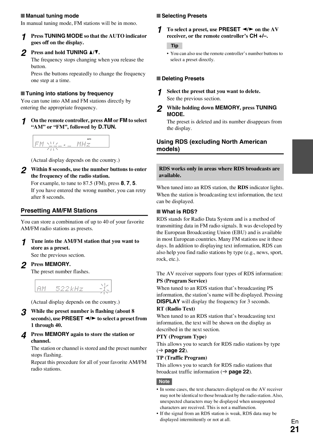 Onkyo HT-RC330 instruction manual Presetting AM/FM Stations, Using RDS excluding North American models 