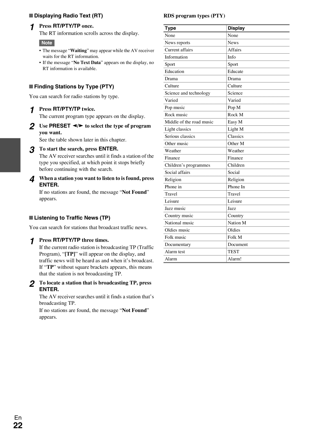 Onkyo HT-RC330 instruction manual Displaying Radio Text RT, Finding Stations by Type PTY, Listening to Traffic News TP 