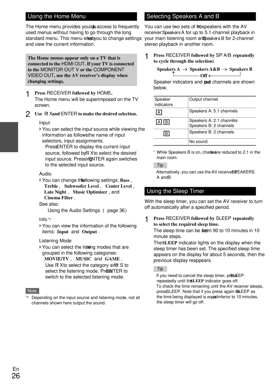 Onkyo HT-RC330 instruction manual Using the Home Menu Selecting Speakers a and B, Using the Sleep Timer 