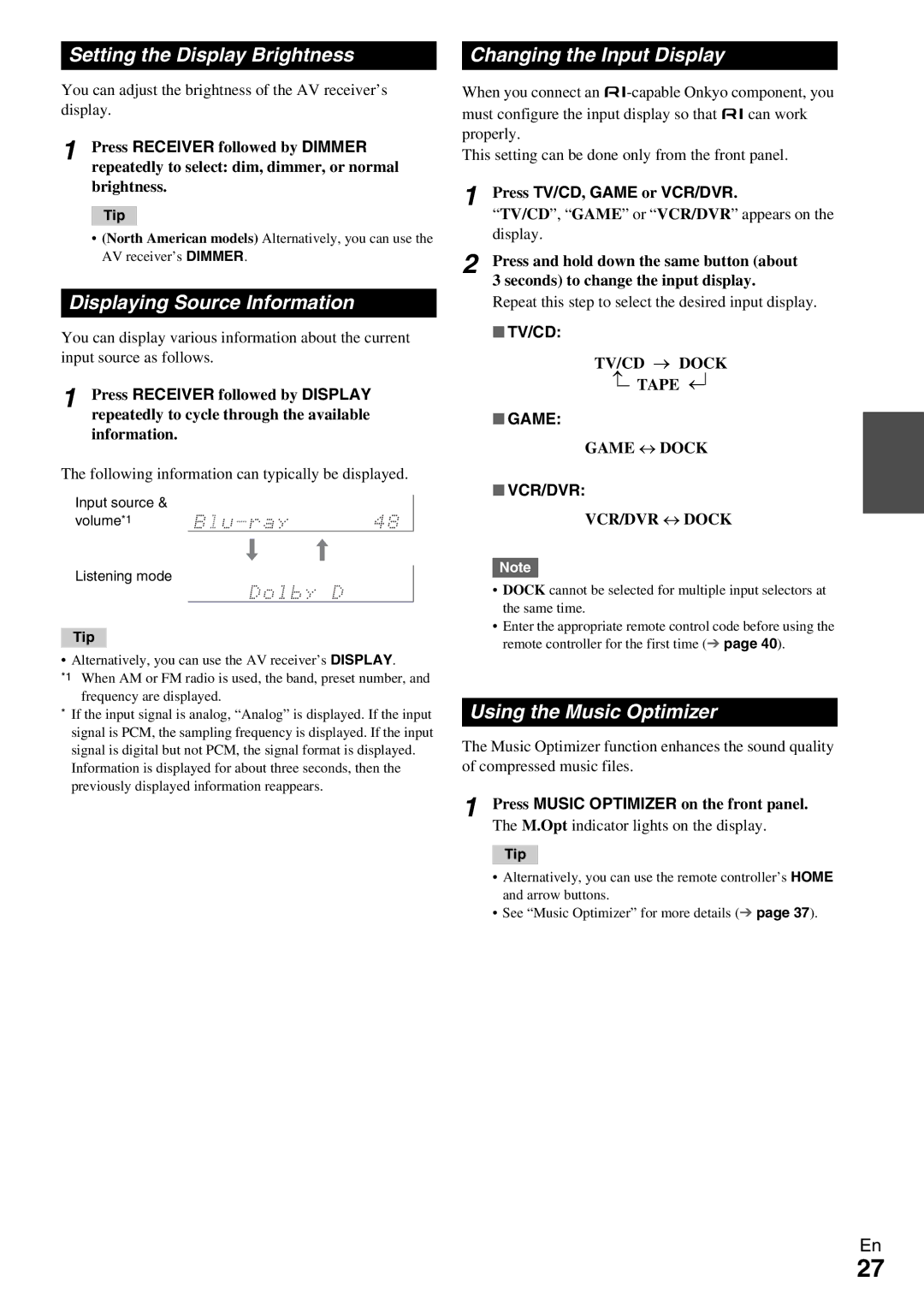 Onkyo HT-RC330 instruction manual Setting the Display Brightness, Displaying Source Information, Changing the Input Display 