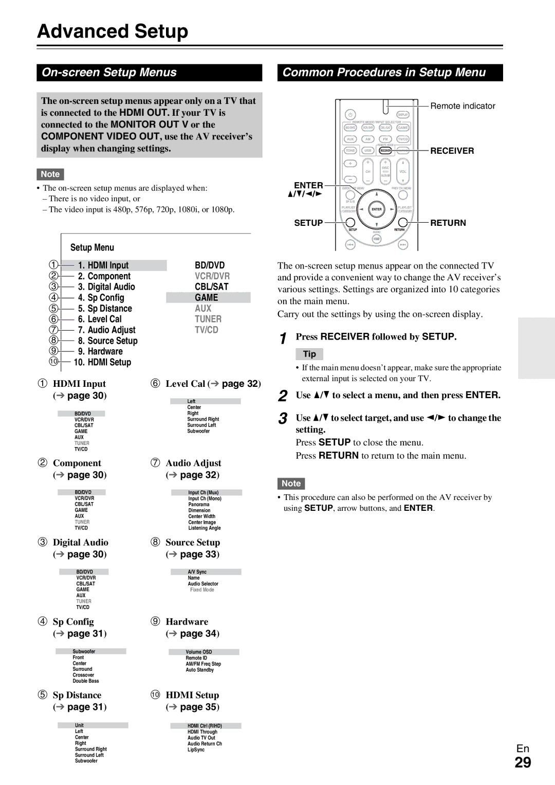 Onkyo HT-RC330 instruction manual Advanced Setup, On-screen Setup Menus, Common Procedures in Setup Menu 