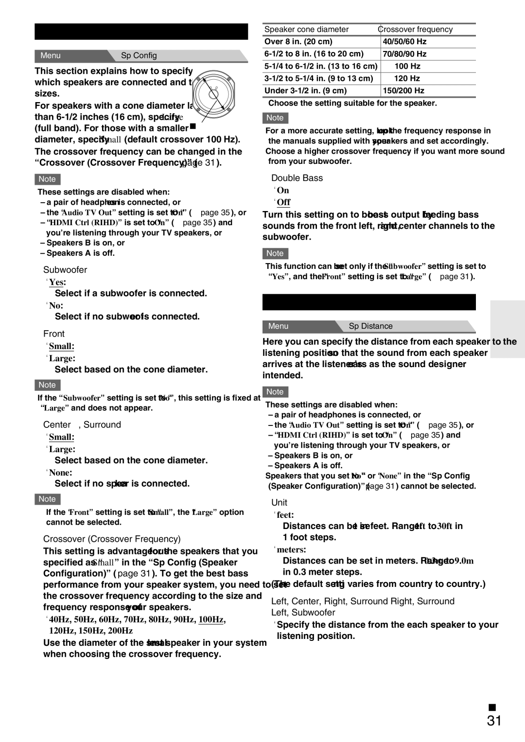 Onkyo HT-RC330 instruction manual Sp Config Speaker Configuration, Sp Distance Speaker Distance 