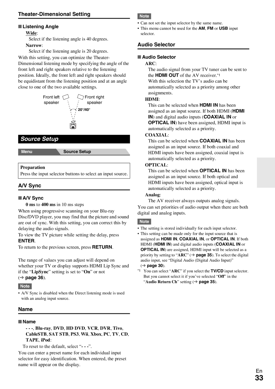 Onkyo HT-RC330 instruction manual Source Setup, Theater-Dimensional Setting, Sync, Audio Selector, Name 