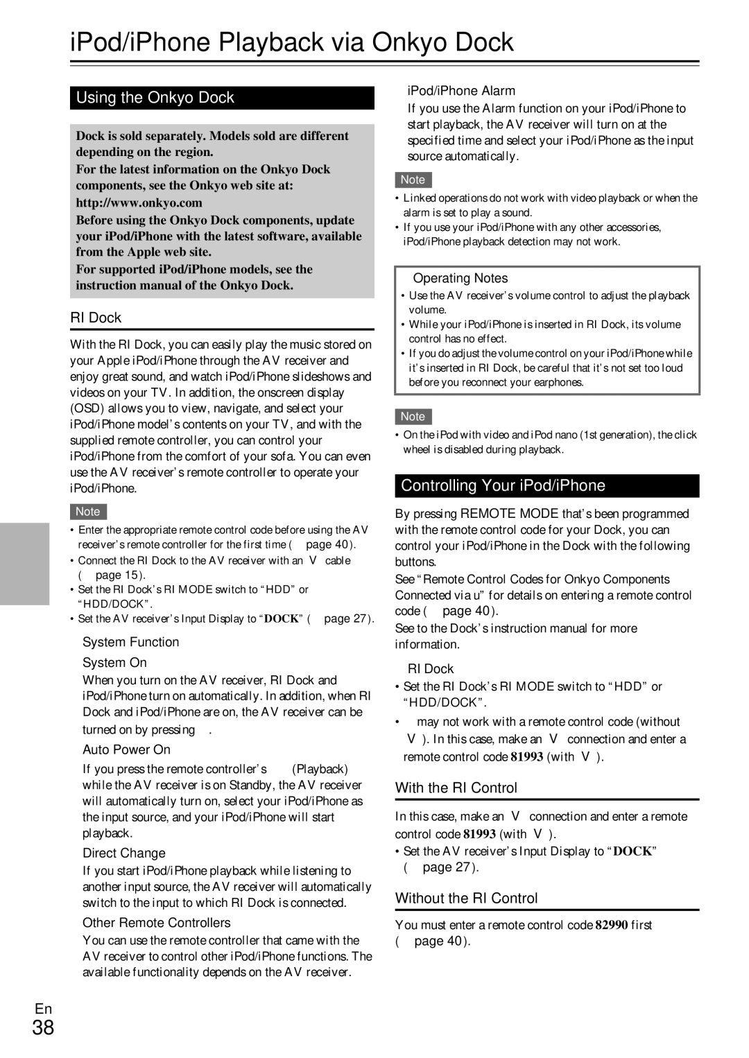 Onkyo HT-RC330 instruction manual IPod/iPhone Playback via Onkyo Dock, Using the Onkyo Dock, Controlling Your iPod/iPhone 