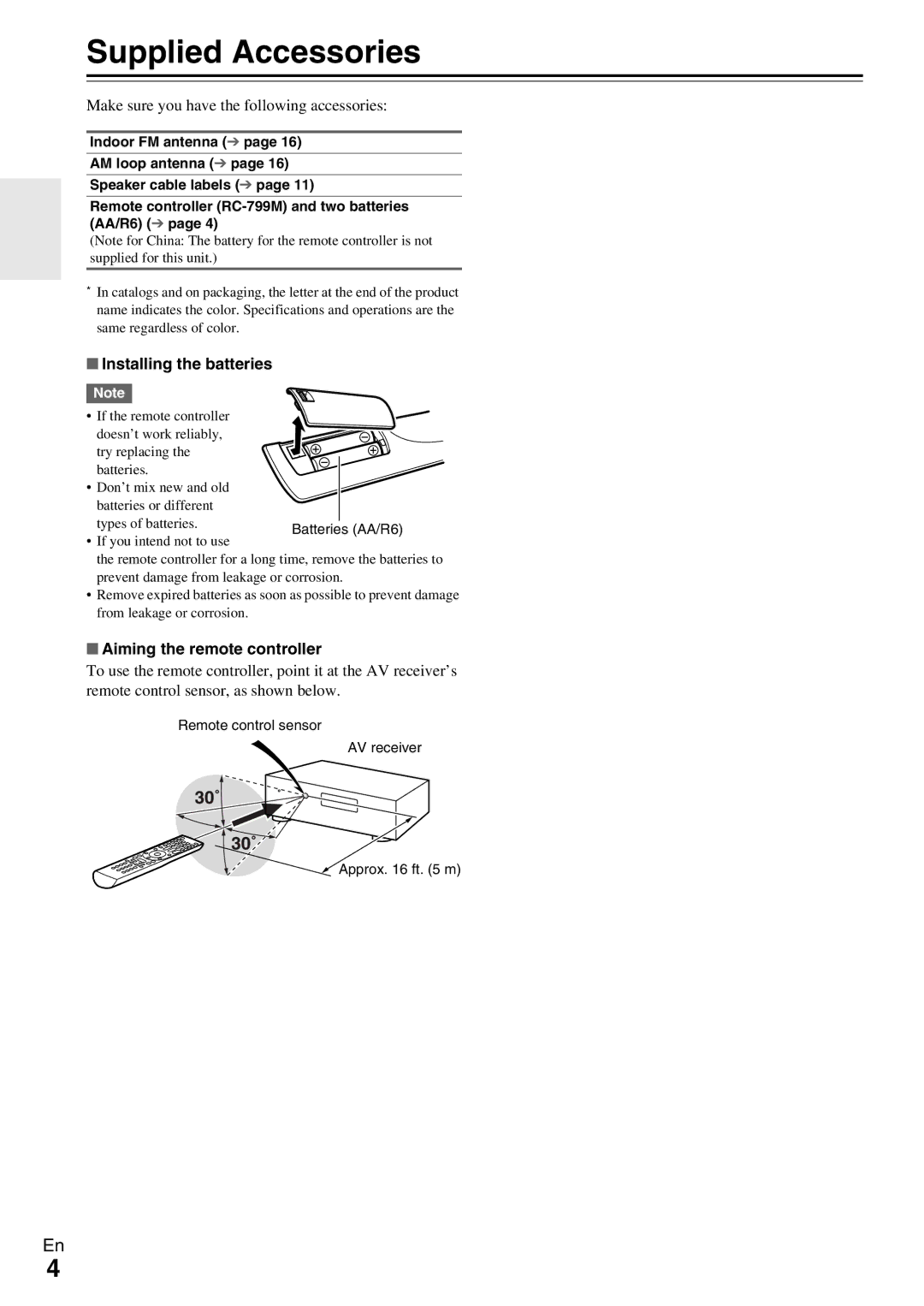 Onkyo HT-RC330 Supplied Accessories, Make sure you have the following accessories, Installing the batteries 