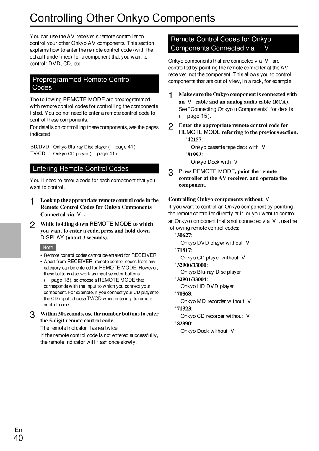 Onkyo HT-RC330 Controlling Other Onkyo Components, Preprogrammed Remote Control Codes, Entering Remote Control Codes 