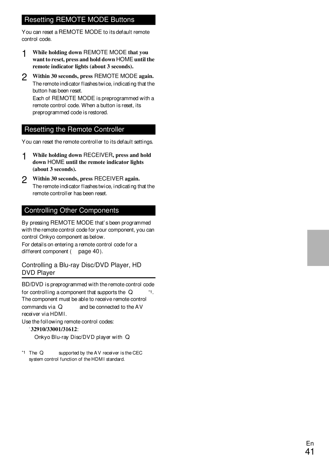 Onkyo HT-RC330 Resetting Remote Mode Buttons, Resetting the Remote Controller, Controlling Other Components 