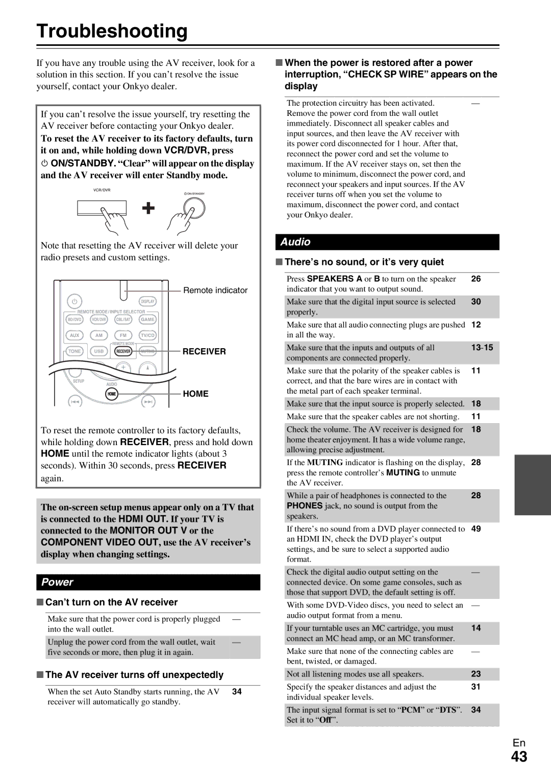 Onkyo HT-RC330 instruction manual Troubleshooting, Can’t turn on the AV receiver, AV receiver turns off unexpectedly 