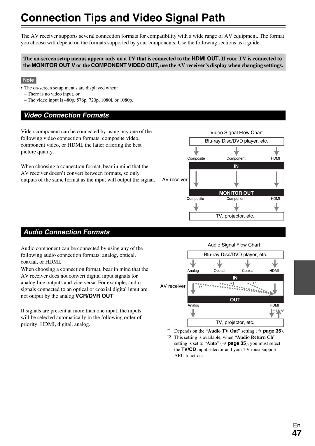 Onkyo HT-RC330 instruction manual Connection Tips and Video Signal Path, Video Connection Formats, Audio Connection Formats 