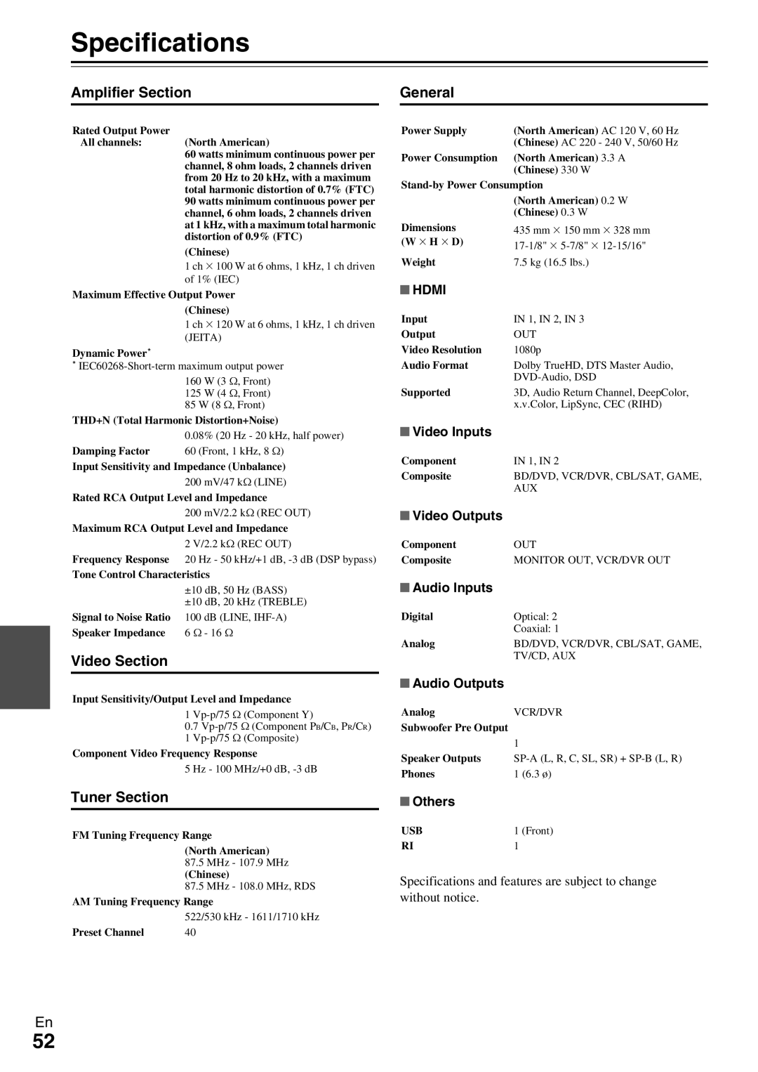 Onkyo HT-RC330 instruction manual Specifications, Amplifier Section, Video Section, Tuner Section, General 