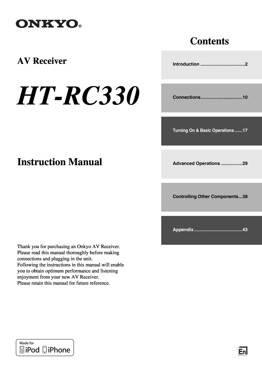 Onkyo HT-RC330 instruction manual Contents, AV Receiver 