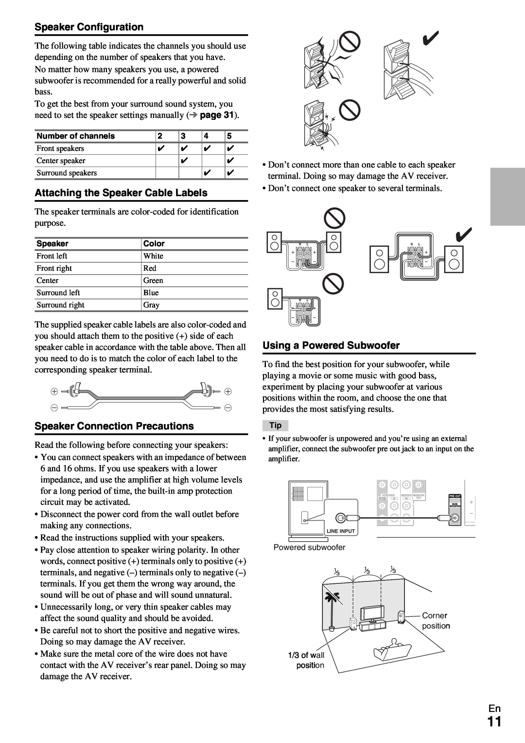 Onkyo HT-RC330 instruction manual Speaker Configuration, Attaching the Speaker Cable Labels, Speaker Connection Precautions 
