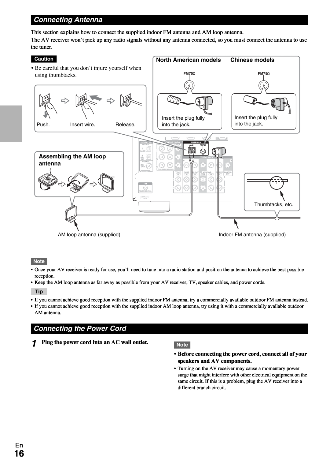 Onkyo HT-RC330 instruction manual Connecting Antenna, Connecting the Power Cord, North American models Chinese models 