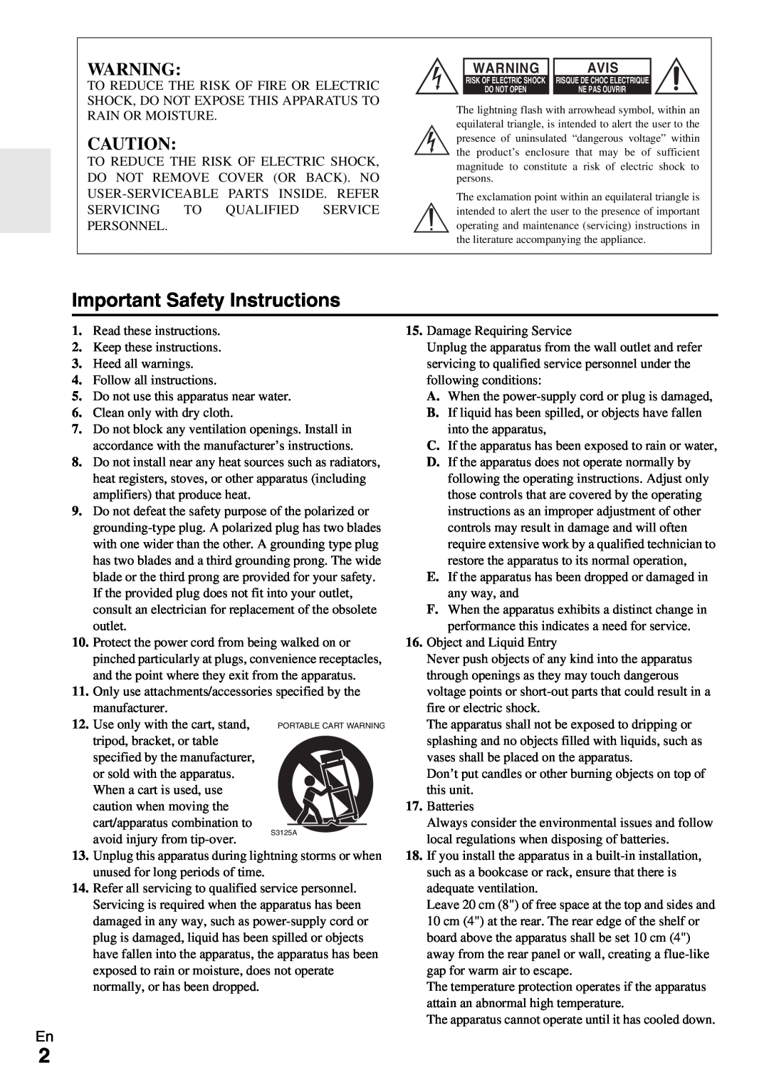 Onkyo HT-RC330 instruction manual Avis, Important Safety Instructions 
