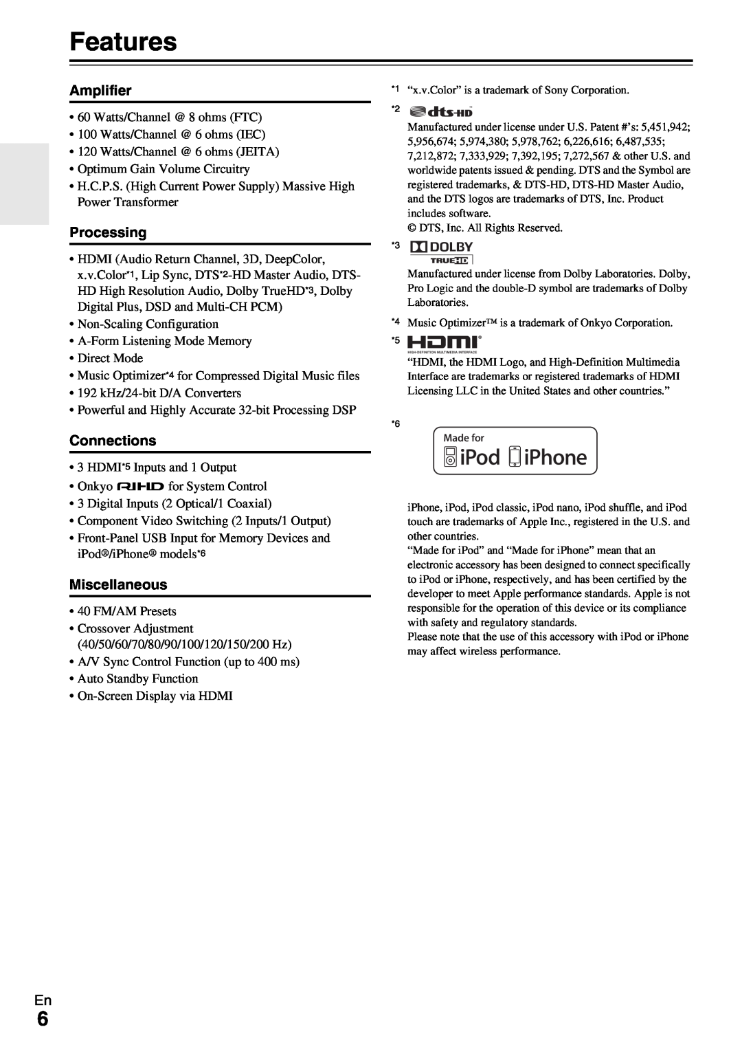 Onkyo HT-RC330 instruction manual Features, Amplifier, Processing, Miscellaneous, Connections 