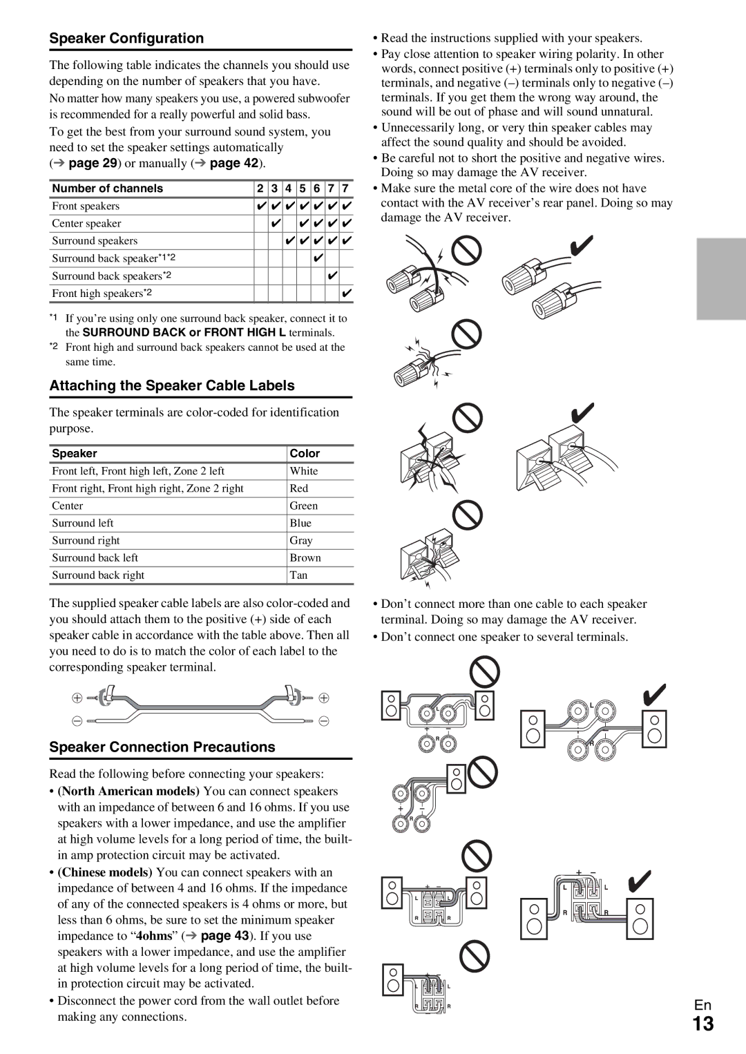 Onkyo HT-RC360 instruction manual Speaker Configuration, Attaching the Speaker Cable Labels, Speaker Connection Precautions 