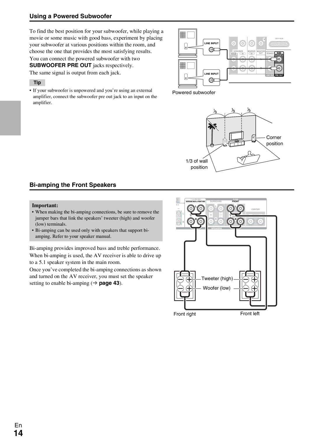 Onkyo HT-RC360 instruction manual Using a Powered Subwoofer, Bi-amping the Front Speakers 