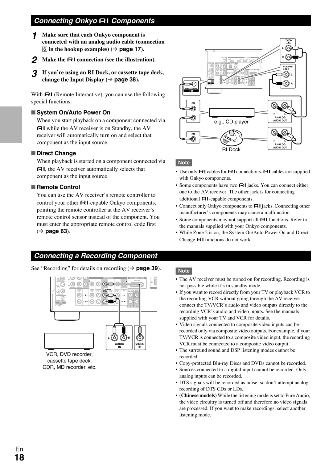 Onkyo HT-RC360 Connecting Onkyo uComponents, Connecting a Recording Component, System On/Auto Power On, Direct Change 