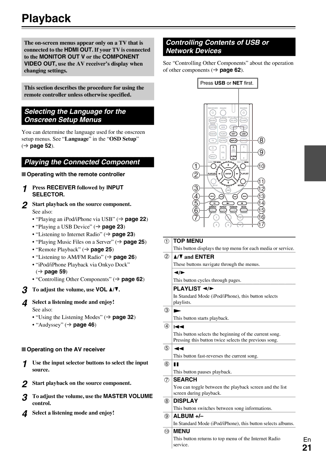 Onkyo HT-RC360 instruction manual Playback, Controlling Contents of USB or Network Devices, Playing the Connected Component 