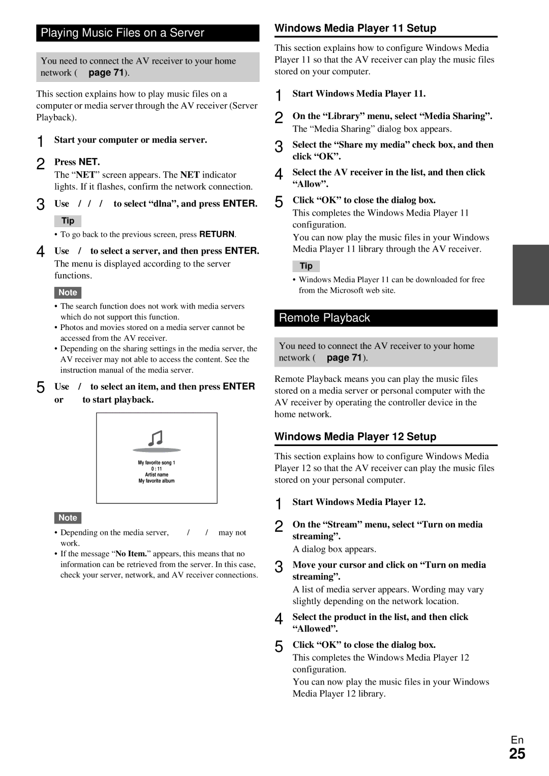 Onkyo HT-RC360 instruction manual Playing Music Files on a Server, Remote Playback, Windows Media Player 11 Setup 