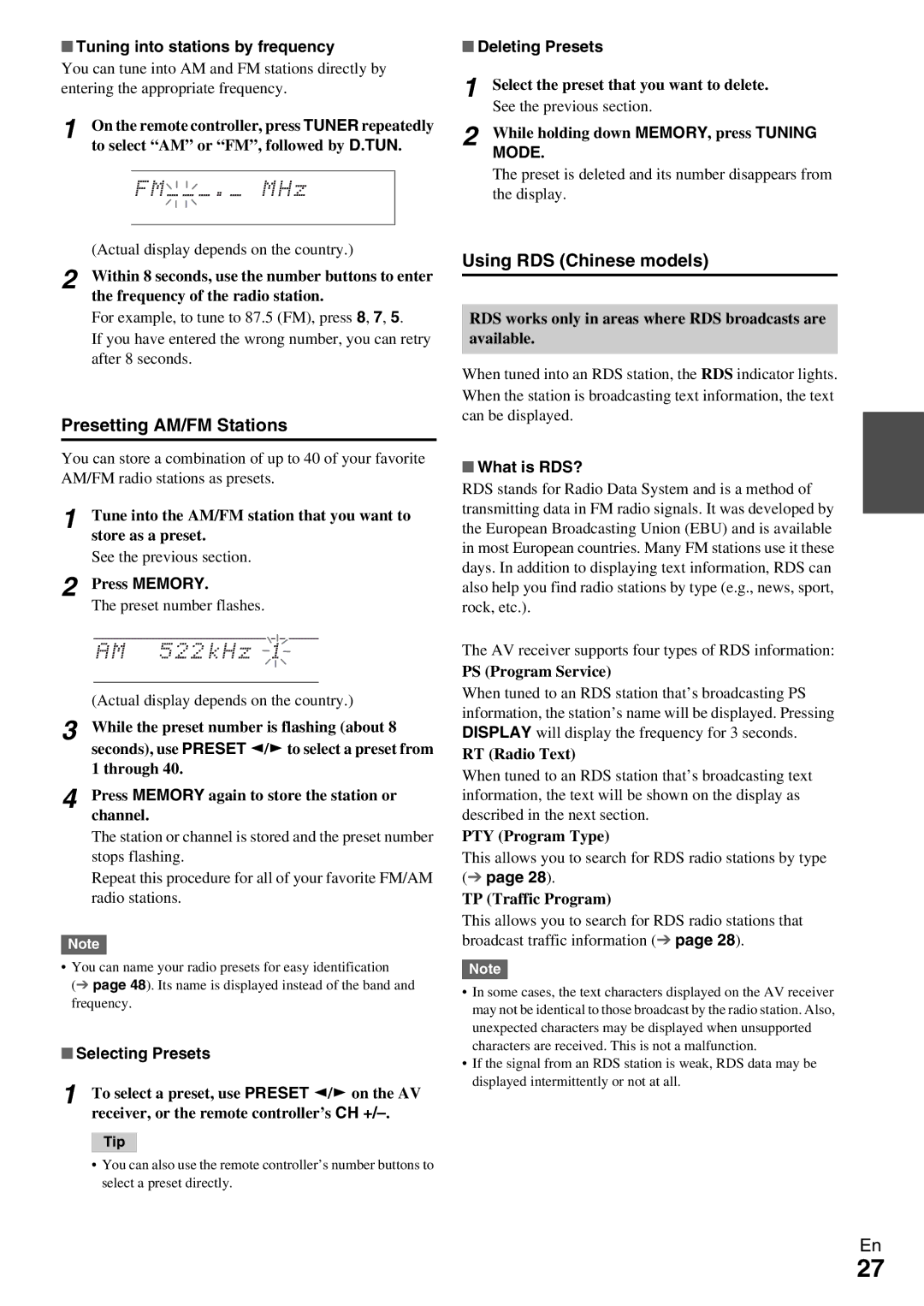 Onkyo HT-RC360 instruction manual Presetting AM/FM Stations, Using RDS Chinese models, Mode 