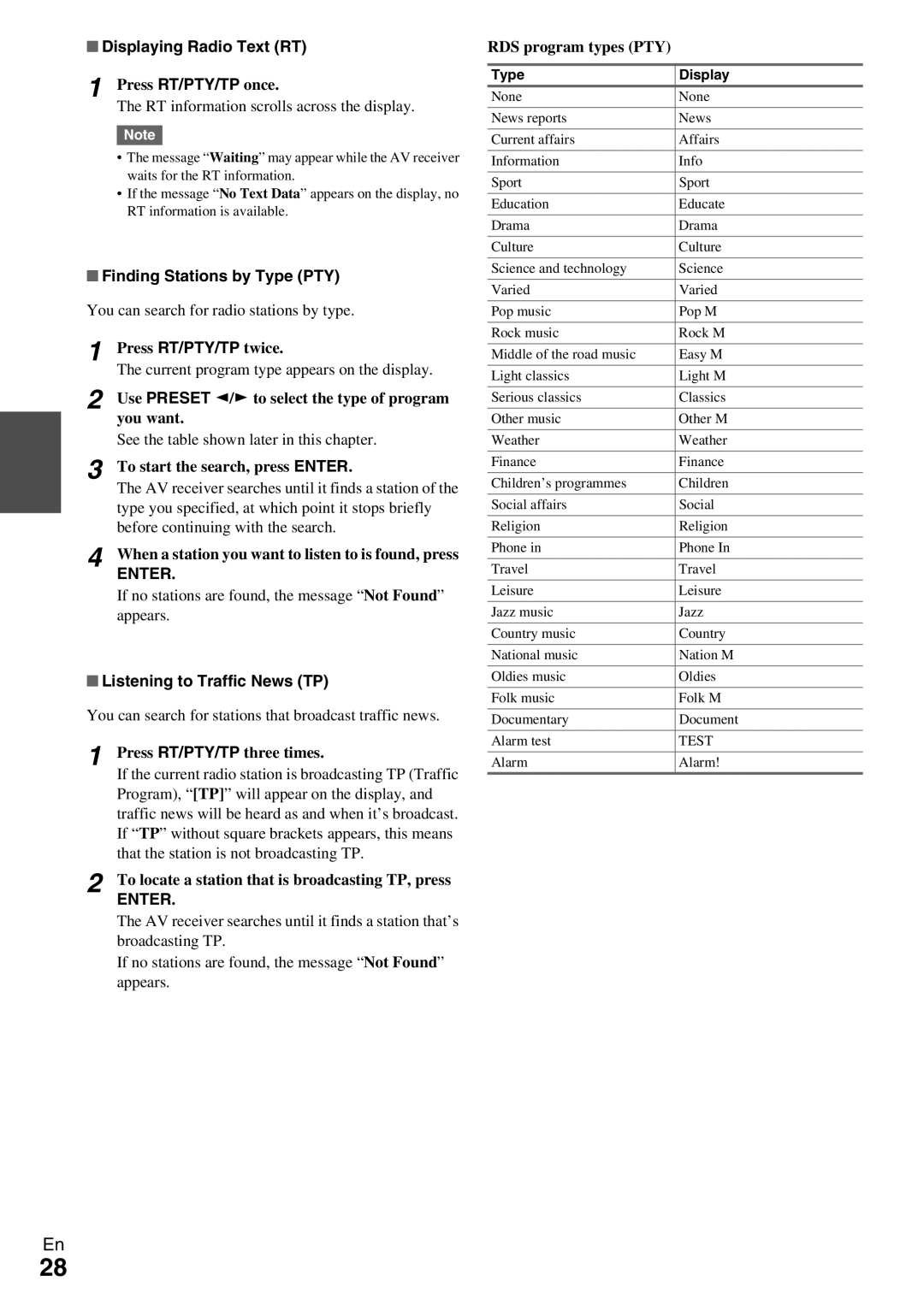 Onkyo HT-RC360 instruction manual Displaying Radio Text RT, Finding Stations by Type PTY, Listening to Traffic News TP 