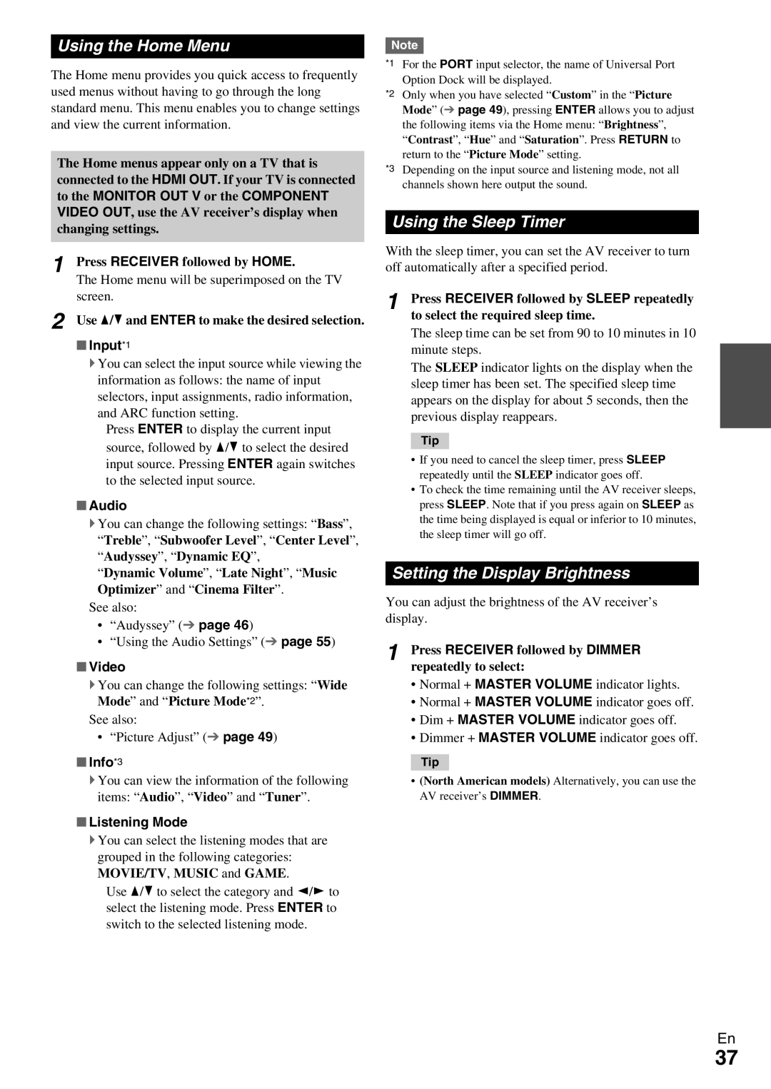 Onkyo HT-RC360 instruction manual Using the Home Menu, Using the Sleep Timer, Setting the Display Brightness 