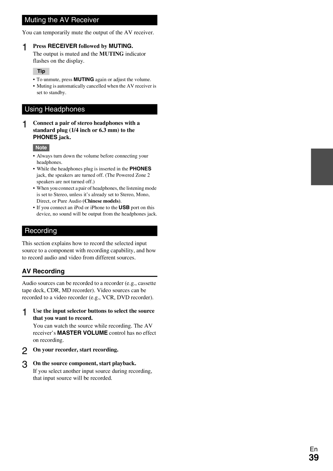 Onkyo HT-RC360 instruction manual Muting the AV Receiver, Using Headphones, AV Recording, Phones jack 